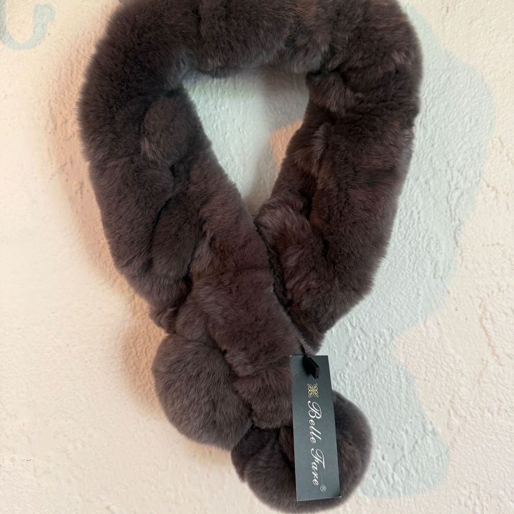 Belle Fare Grey Rex Rabbit Fur Pull Through Scarf Pom Pom RX10 Spain NWT